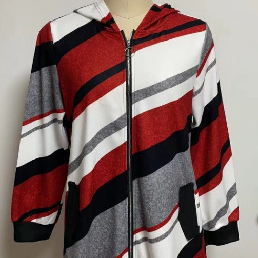 Damen nan Longline-Kapuzenjacke mit diagonalem Streifenmuster, Ringreißverschluss und Seitentaschen R&B