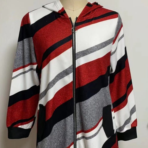 Damen nan Longline-Kapuzenjacke mit diagonalem Streifenmuster, Ringreißverschluss und Seitentaschen R&B