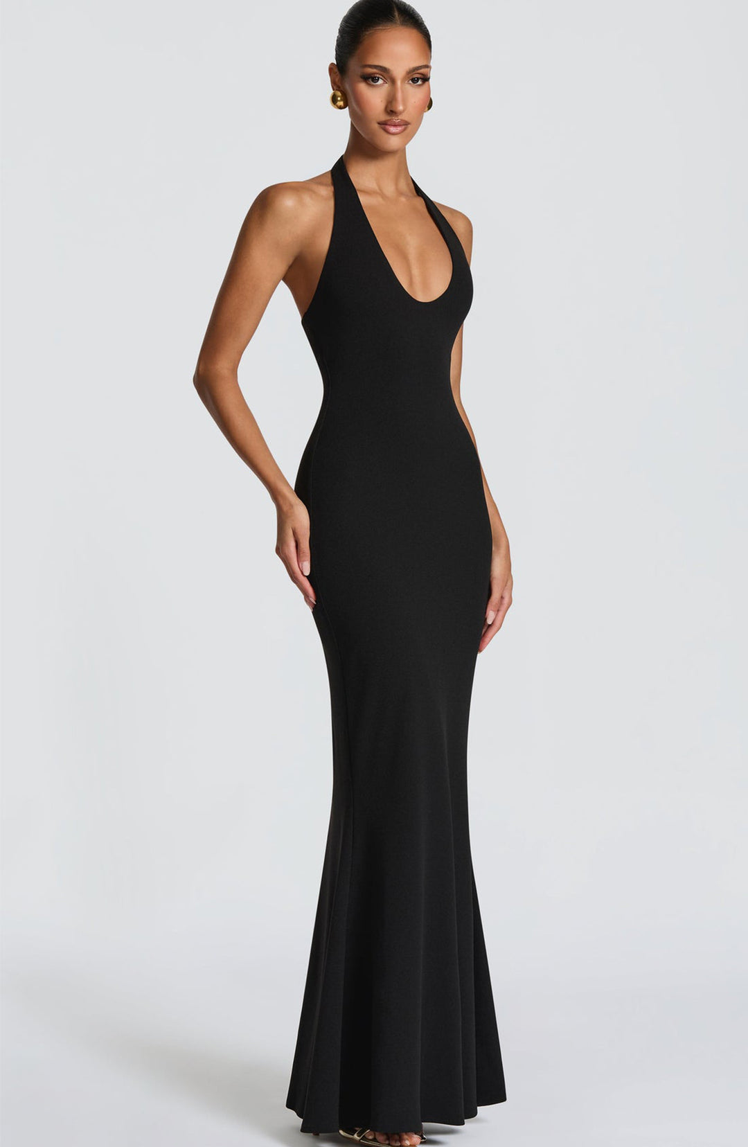 Damen Elegantes Bodenkleid mit tiefem V-Ausschnitt und figurbetontem Design R&B
