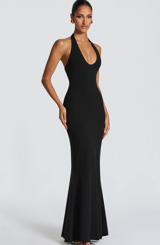 Damen Elegantes Bodenkleid mit tiefem V-Ausschnitt und figurbetontem Design R&B
