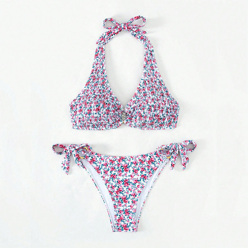 Damen Triangel-Bikini mit buntem Blumenmuster und verstellbaren Bindändern
