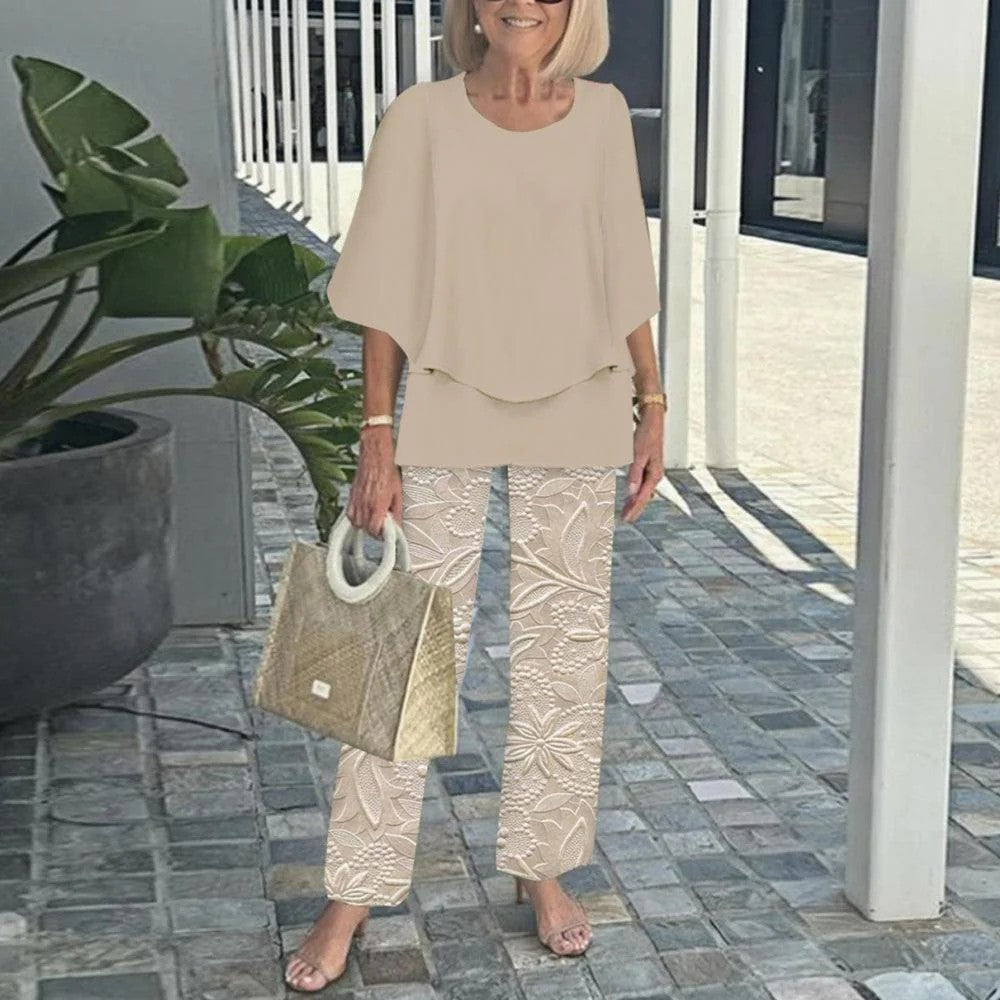 Damen nan Lagen-Tunika mit Cape-Ärmeln und knöchellanger Geradebeinhose mit Grafikprint R&B
