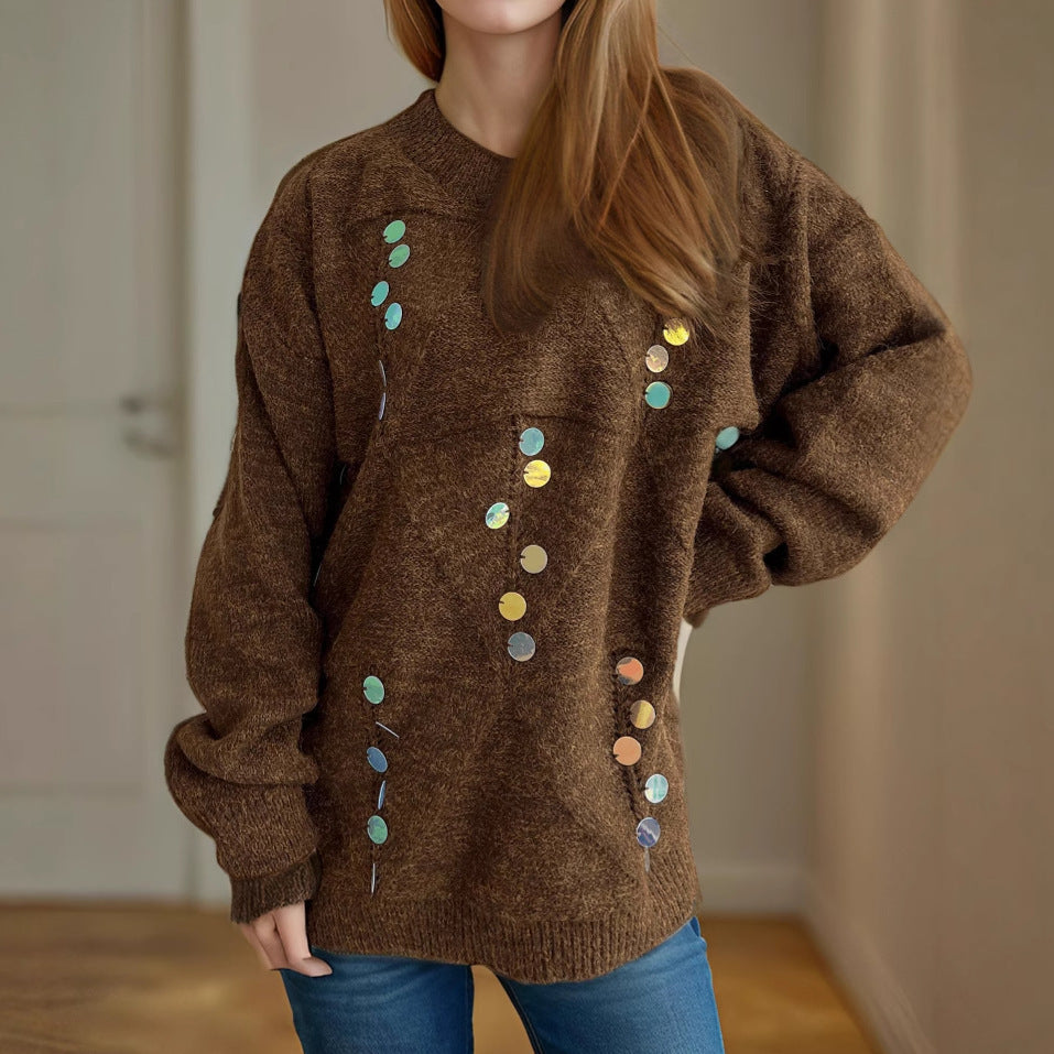 Damen lässiger Pullover mit dekorativen Pailletten und strukturiertem Maschenmuster R&B