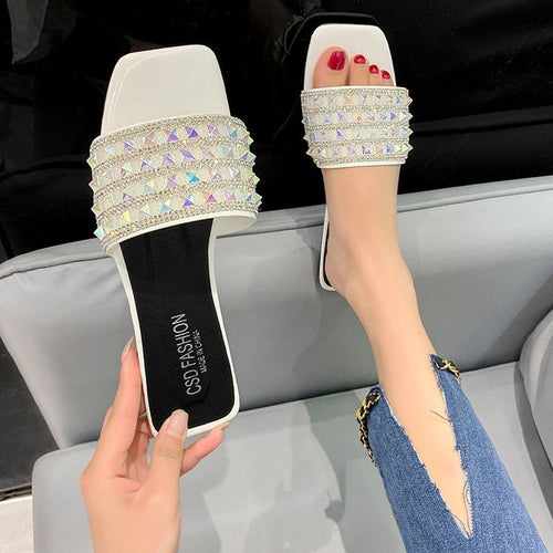 Damen elegante Riemchen-Pantoletten mit funkelndem Strass R&B