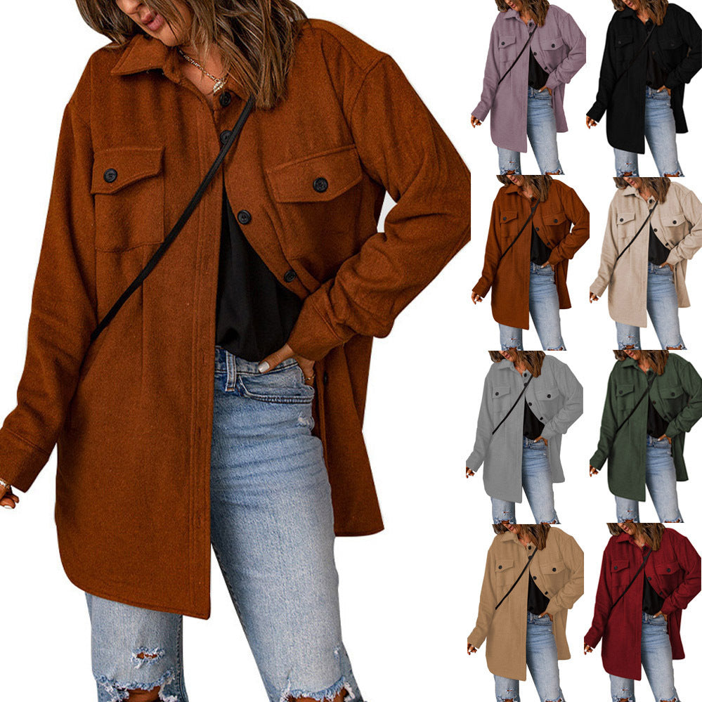 Damen Übergröße Langarm-Hemdjacke mit funktionalen aufgesetzten Taschen und lässigem Schnitt R&B