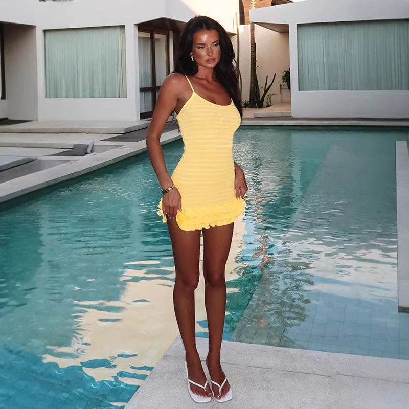 Damen Häkelkleid mit Rüschensaum und spaghetti Trägern R&B