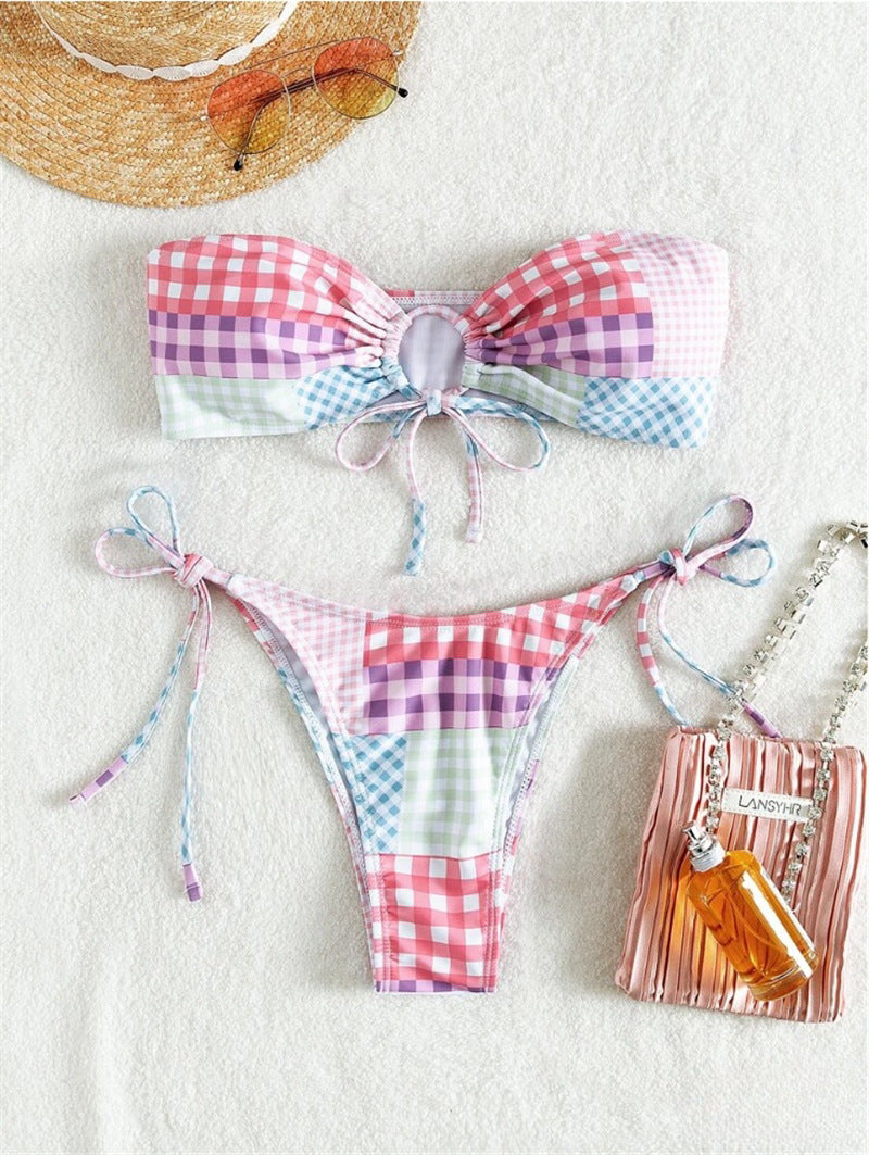 Damen Bikini-Set mit verspieltem Karomuster und verstellbaren Bindebändern R&B