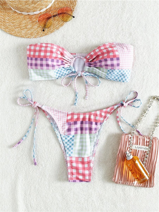 Damen Bikini-Set mit verspieltem Karomuster und verstellbaren Bindebändern R&B