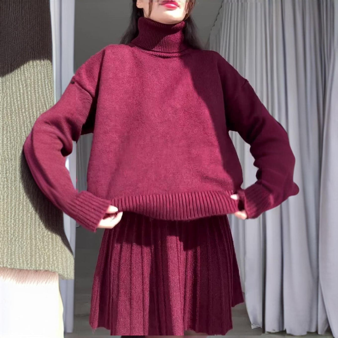 Damen Elegantes Strickensemble mit Rollkragen und fließendem Rock R&B