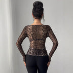 Damen Transparente Langarm-Bluse mit Leopardenmuster R&B