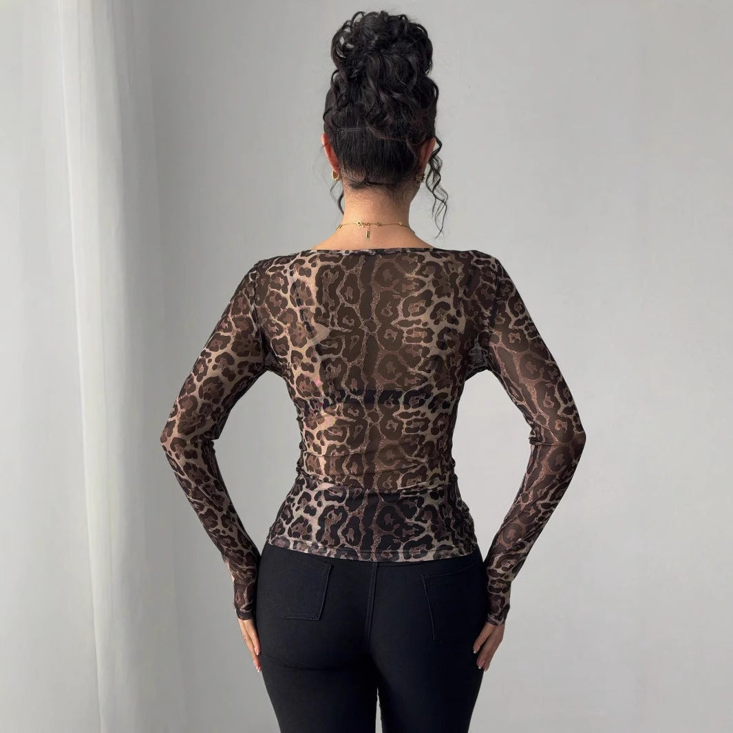 Damen Transparente Langarm-Bluse mit Leopardenmuster R&B