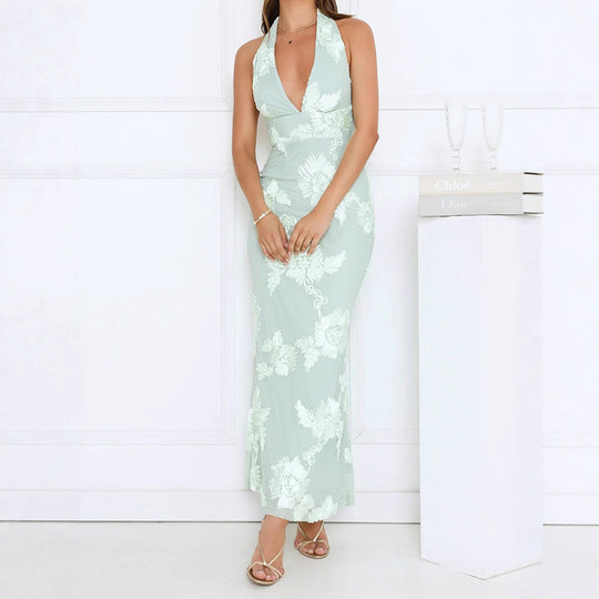 Damen Elegantes Maxikleid mit tiefem V-Ausschnitt und floralen Stickereien R&B