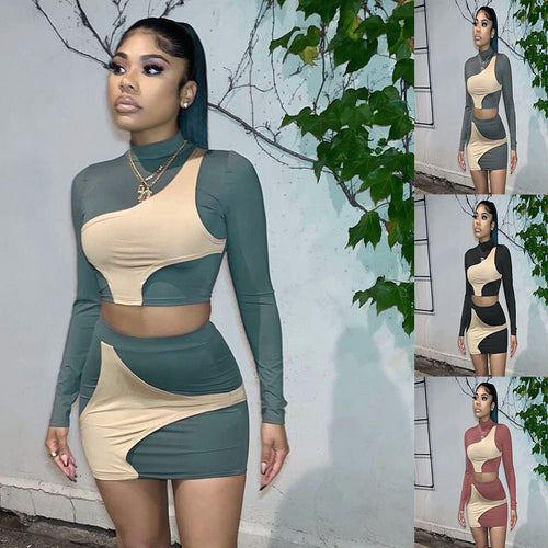 Damen Buntes Crop-Top und Minirock-Set mit asymmetrischem Design R&B