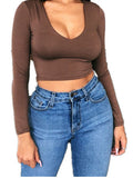 Damen figurbetontes Langarm-Crop-Top mit V-Ausschnitt