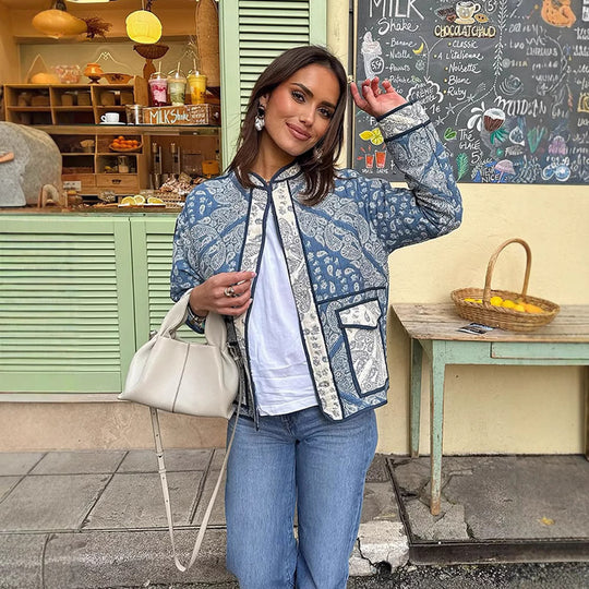 Damen modische leichte Bomberjacke mit Paisleymuster und seitlichen Eingrifftaschen R&B