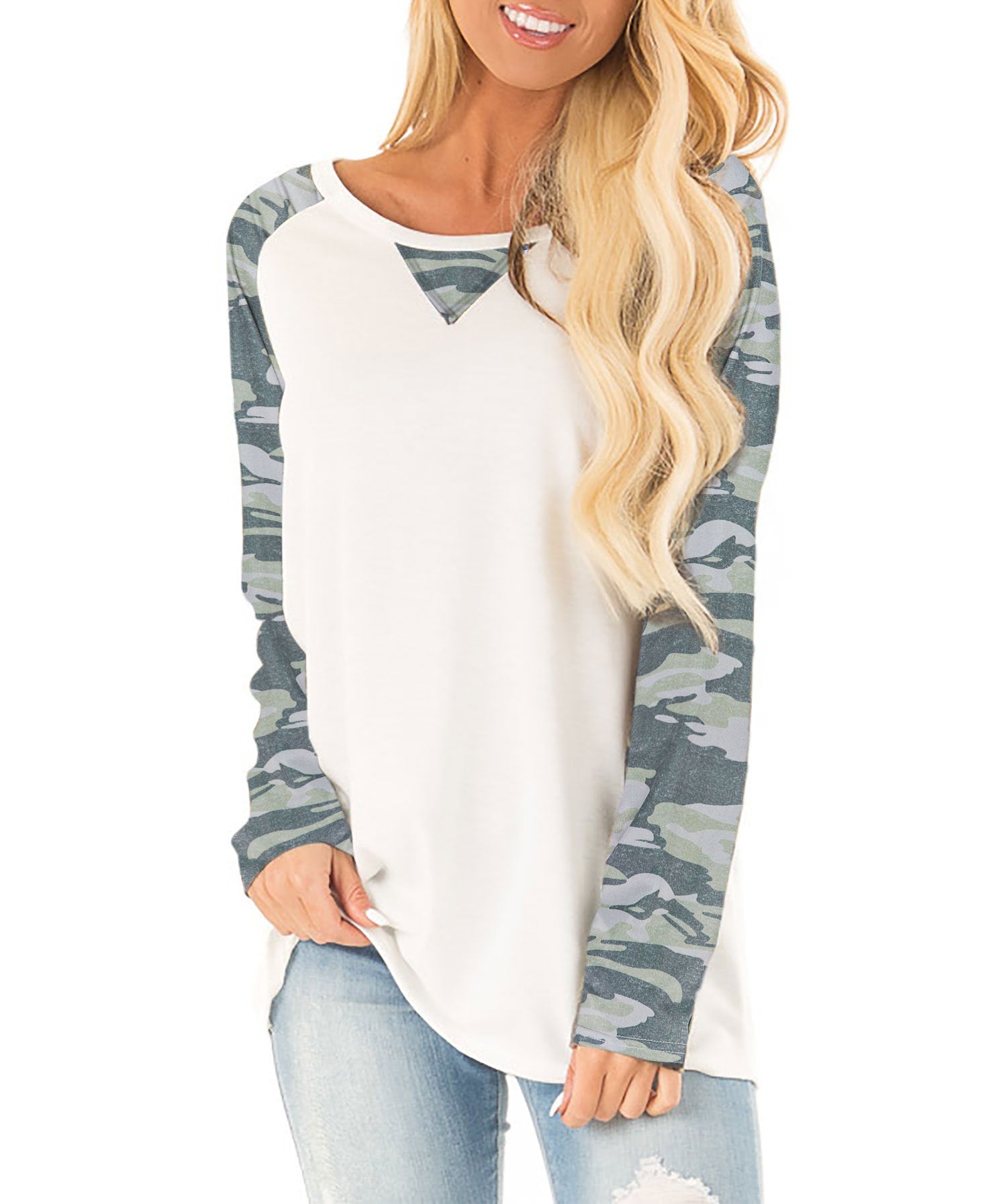 Damen Lässiges Langarmshirt mit grafischem Muster und seitlichen Schlitzen R&B