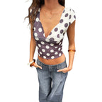 Damen Modisches Polka-Dots Oberteil mit tiefem V-Ausschnitt R&B