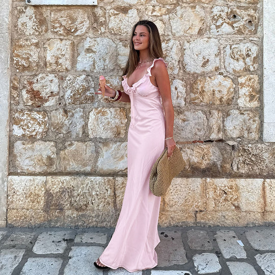 Damen Maxikleid mit Rüschendetails und Kordelzug R&B