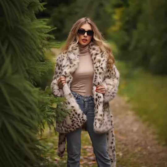 Damen eleganter Kunstpelzmantel mit Gürtel und Leopardenmuster R&B