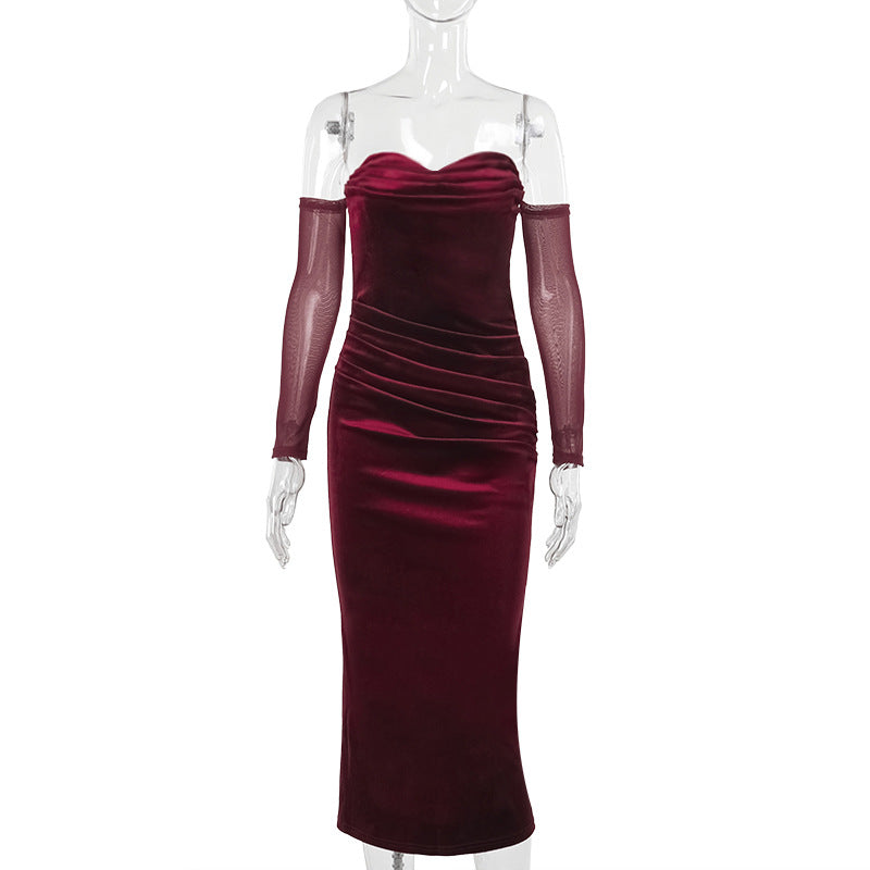 Damen figurbetontes Midi-Kleid mit transparenten Ärmeln und Rüschendetails R&B