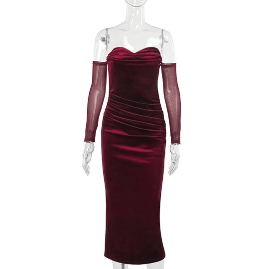 Damen figurbetontes Midi-Kleid mit transparenten Ärmeln und Rüschendetails R&B