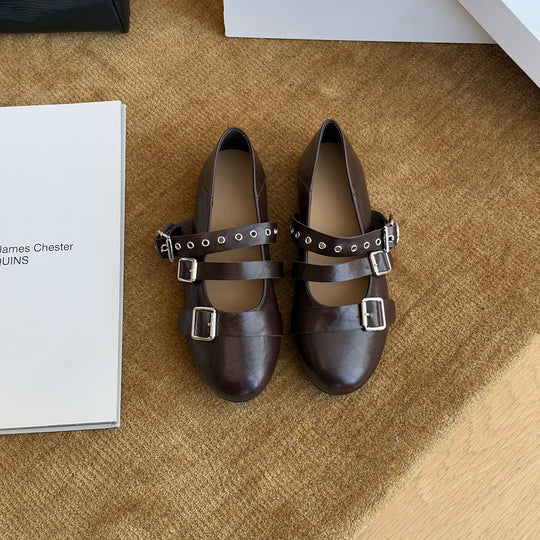 Damen Stilvolle Ballerinas mit doppeltem Riemen und modischen Schnallen R&B