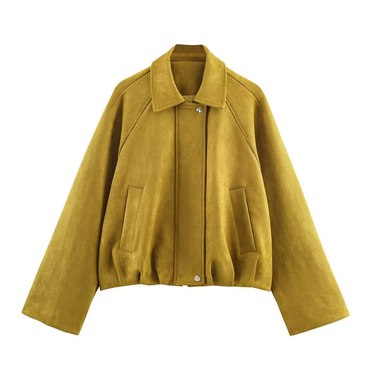 Damen modische Wildlederjacke mit hohem Kragen und praktischen Taschen R&B
