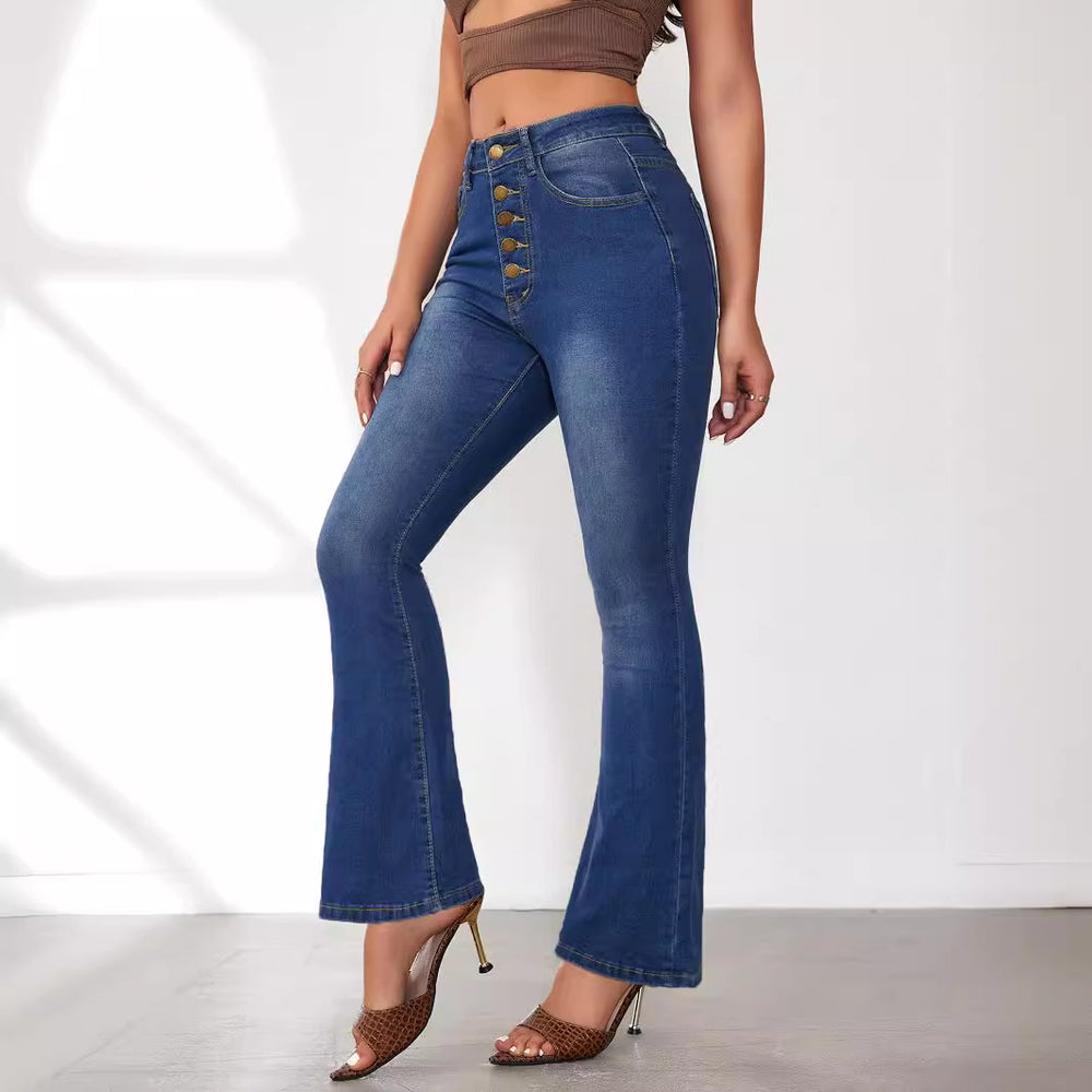 Damen Flared Jeans mit hohen Bund und modischen Knopfdetails R&B