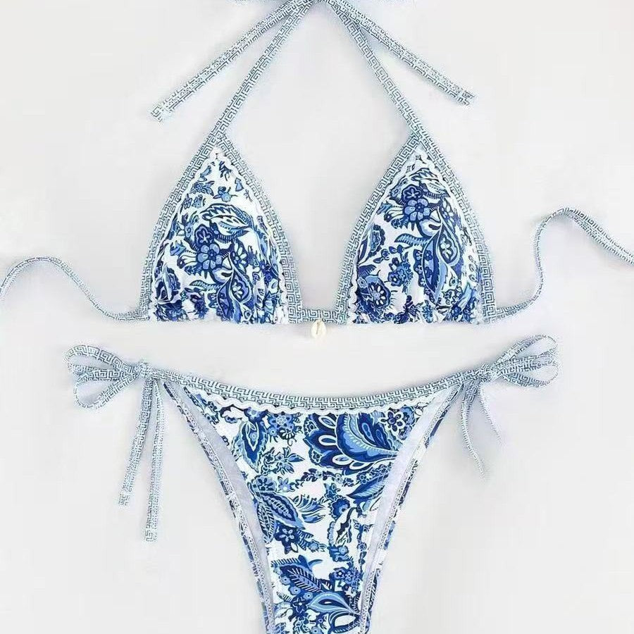Damen Triangel-Bikini mit floralem Muster und verstellbaren Bindebändern R&B