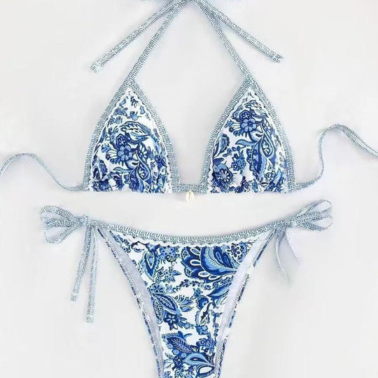 Damen Triangel-Bikini mit floralem Muster und verstellbaren Bindebändern R&B