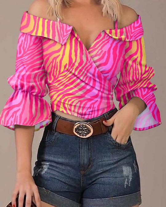 Damen modisches Oberteil mit voluminösen Ärmeln und Patchwork-Design R&B