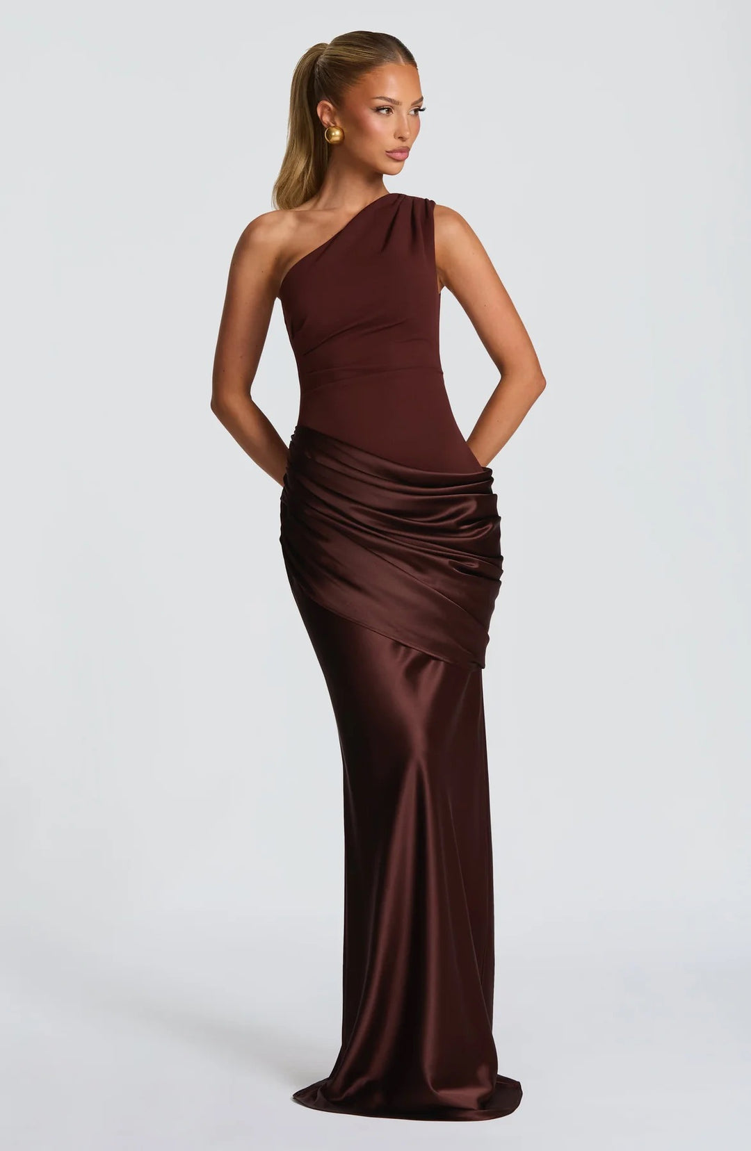 Damen elegantes asymmetrisches Satin-Abendkleid mit Drapé-Design R&B
