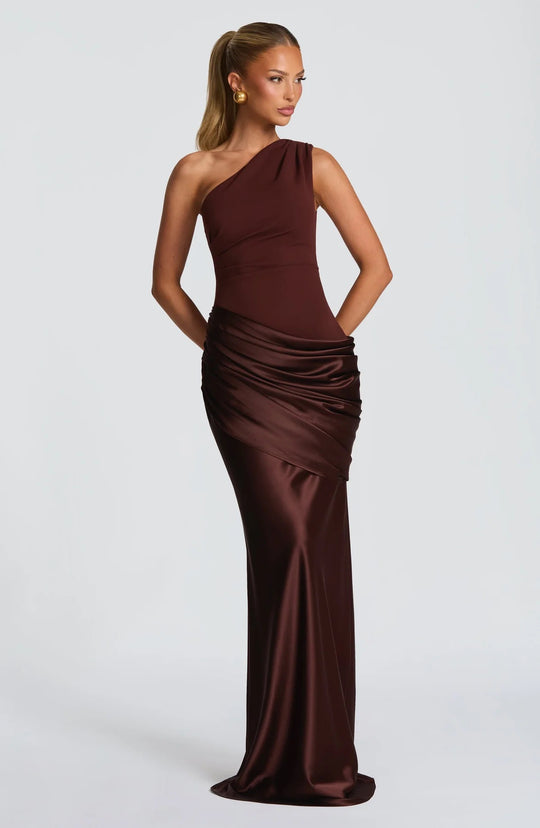 Damen elegantes asymmetrisches Satin-Abendkleid mit Drapé-Design R&B