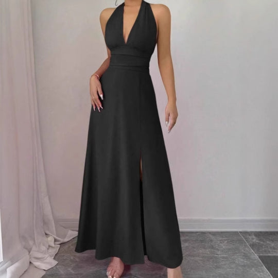 Damen schulterfreies Maxikleid mit verführerischem V-Ausschnitt und hochgeschlitztem Rock R&B