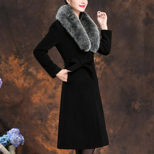 Damen elegante Wollmantel mit abnehmbarem Pelzkragen R&B