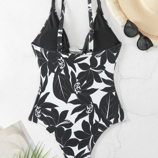 Damen Einteiler Badeanzug mit elegantem floralem Design und modernem V-Ausschnitt R&B