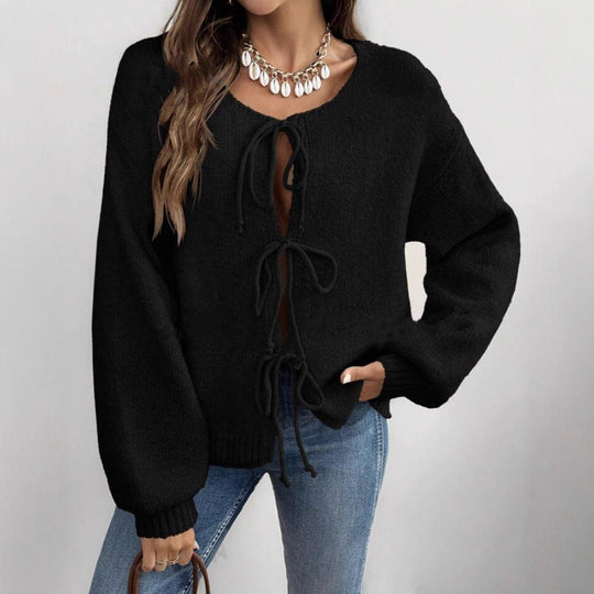 Damen Strickpullover mit dekorativem Schnürdesign und lässigen Ballonärmeln R&B