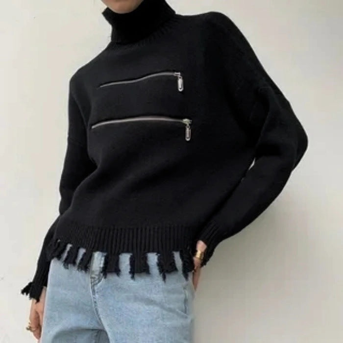 Damen Modischer Strickpullover mit Stehkragen und Reißverschlussdetails R&B