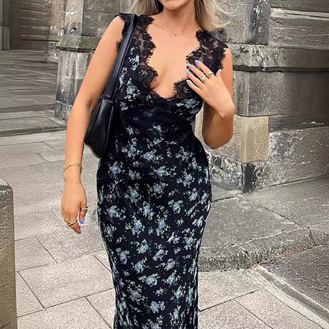 Damen Maxikleid mit floralen Spitzenakzenten R&B