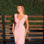 Damen figurbetontes Maxikleid mit Rüschendetails und V-Ausschnitt R&B