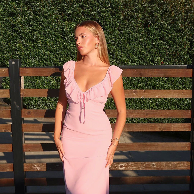 Damen figurbetontes Maxikleid mit Rüschendetails und V-Ausschnitt R&B