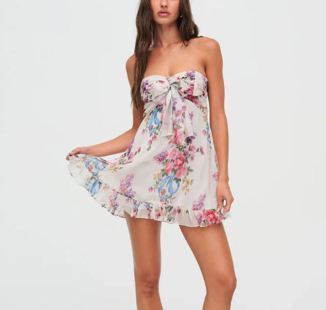 Damen nan trägerloses Chiffon-Sommerkleid mit Blumenmuster Bandeau-Oberteil und Volantbesatz R&B