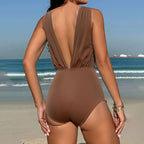 Damen Eleganter Badeanzug mit tiefem V-Ausschnitt und seitlicher Raffung R&B