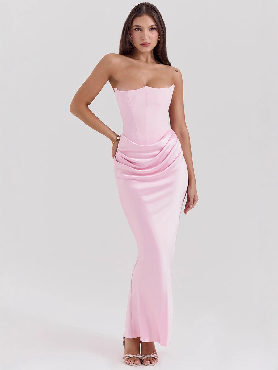 Damen Elegantes bodenlanges Kleid mit schimmerndem Taillenschnitt und gerafftem Rock R&B