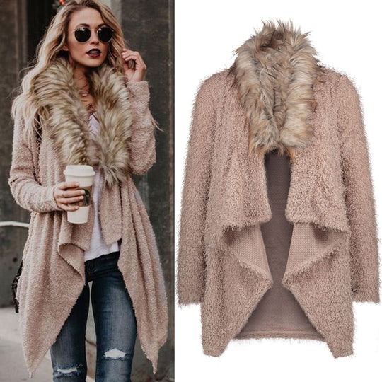 Damen Flauschiger Cardigan mit abnehmbarem Kunstfellkragen R&B