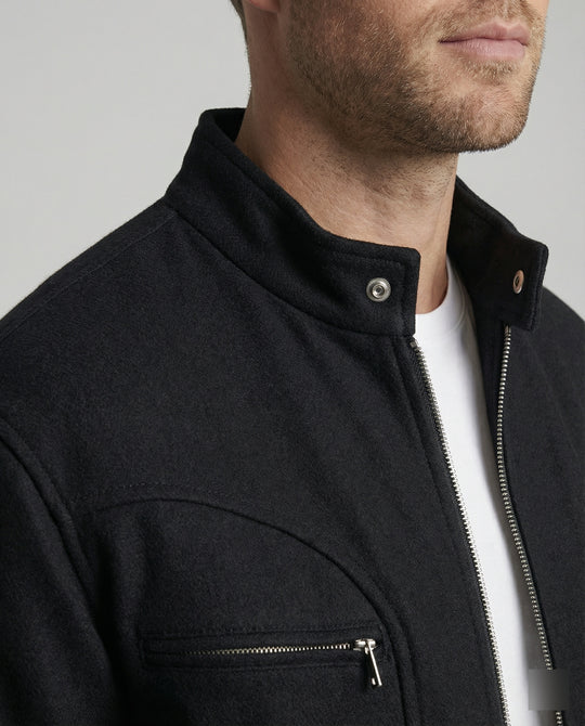Herren lockere Wolloptik-Blousonjacke mit kurzem Stehkragen durchgehendem Reißverschluss und horizontalen Brusttaschen R&B