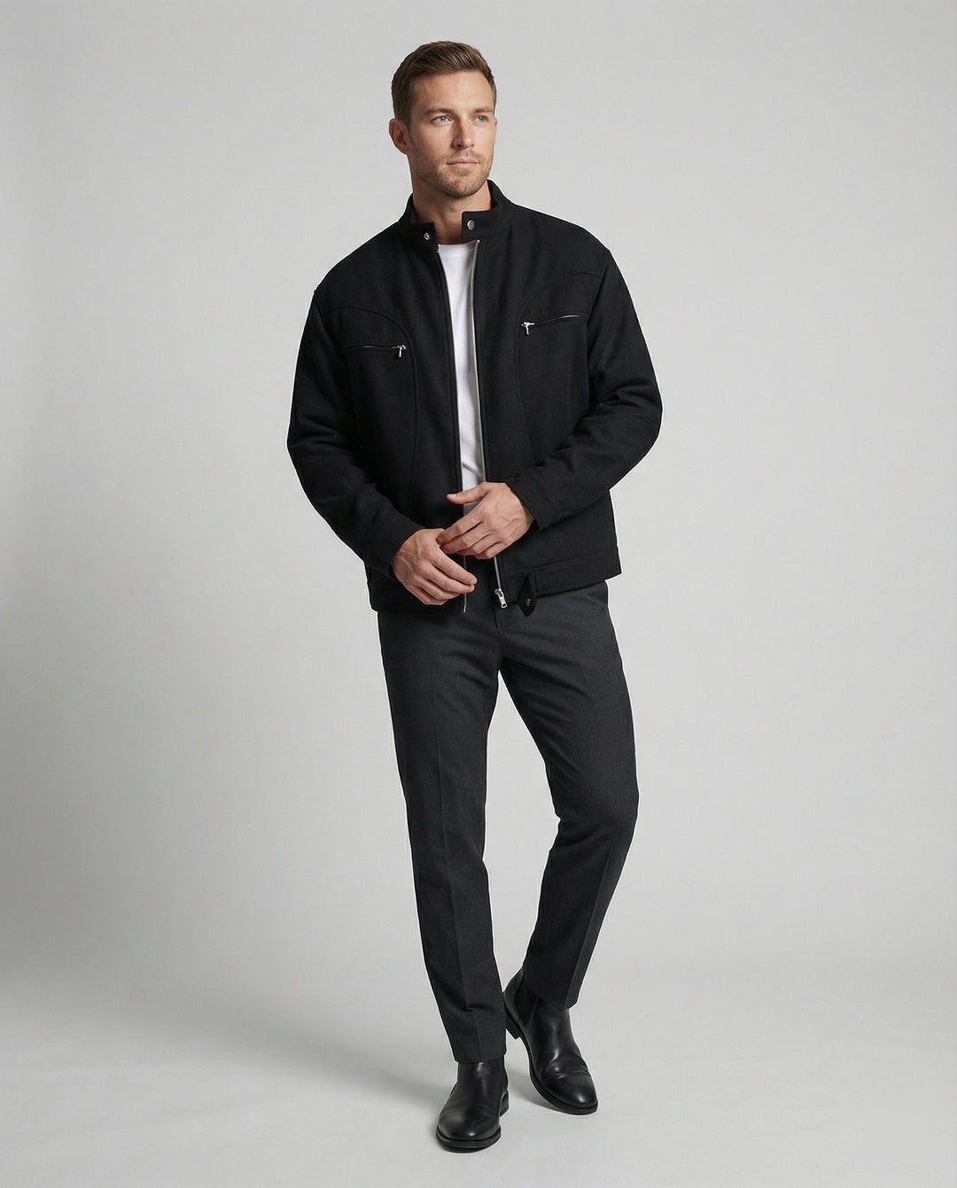 Herren lockere Wolloptik-Blousonjacke mit kurzem Stehkragen durchgehendem Reißverschluss und horizontalen Brusttaschen R&B