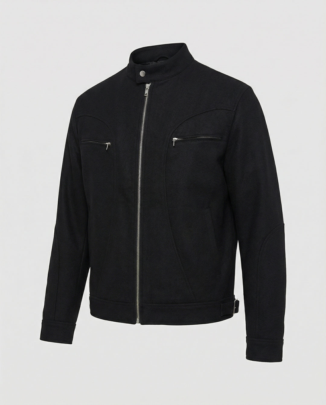 Herren lockere Wolloptik-Blousonjacke mit kurzem Stehkragen durchgehendem Reißverschluss und horizontalen Brusttaschen R&B