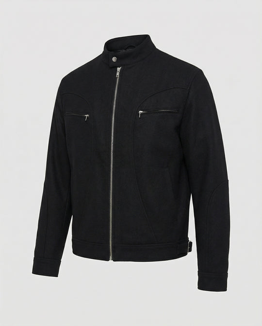 Herren lockere Wolloptik-Blousonjacke mit kurzem Stehkragen durchgehendem Reißverschluss und horizontalen Brusttaschen R&B