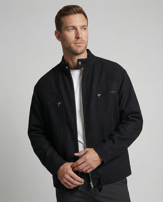 Herren lockere Wolloptik-Blousonjacke mit kurzem Stehkragen durchgehendem Reißverschluss und horizontalen Brusttaschen R&B